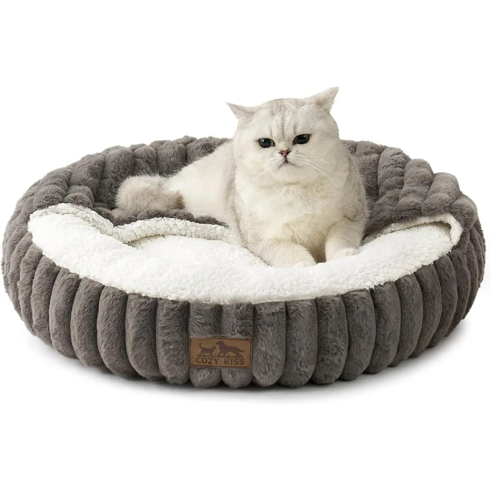 Cat Bed with Hooded Blanket, Round Fluffy Anti-Anxiety Pet Bed for Cats/Small Dogs, Cozy Donut Cuddler with Machine Washable Fau
