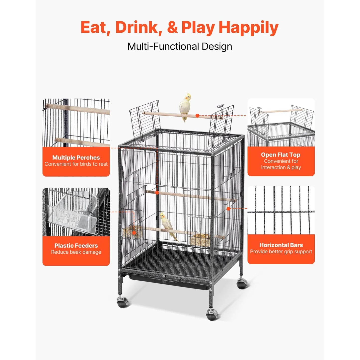 Bird Cage with Open Flat Top, 18 x 18 x 30 inch, Wrought Iron Design