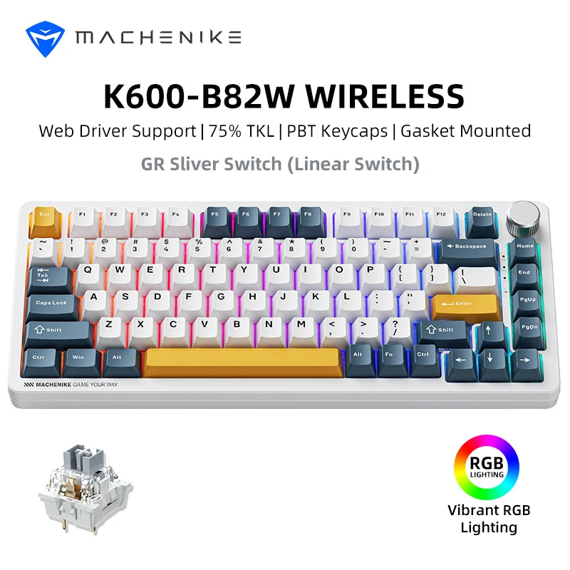 Machenike K600-B82W Mechanical Keyboard 75% ANSI Layout Gasket Mounted Web Driver Support RGB Backlit Wireless Gaming Keyboard