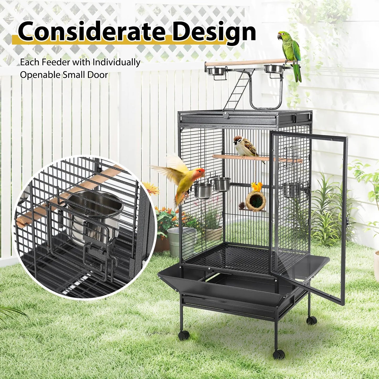 64.4" Tall Large Metal Bird Cage With Rolling Stand Play Top & Bowls Indoor Outdoor Aviary For Parrots Parakeets Conures