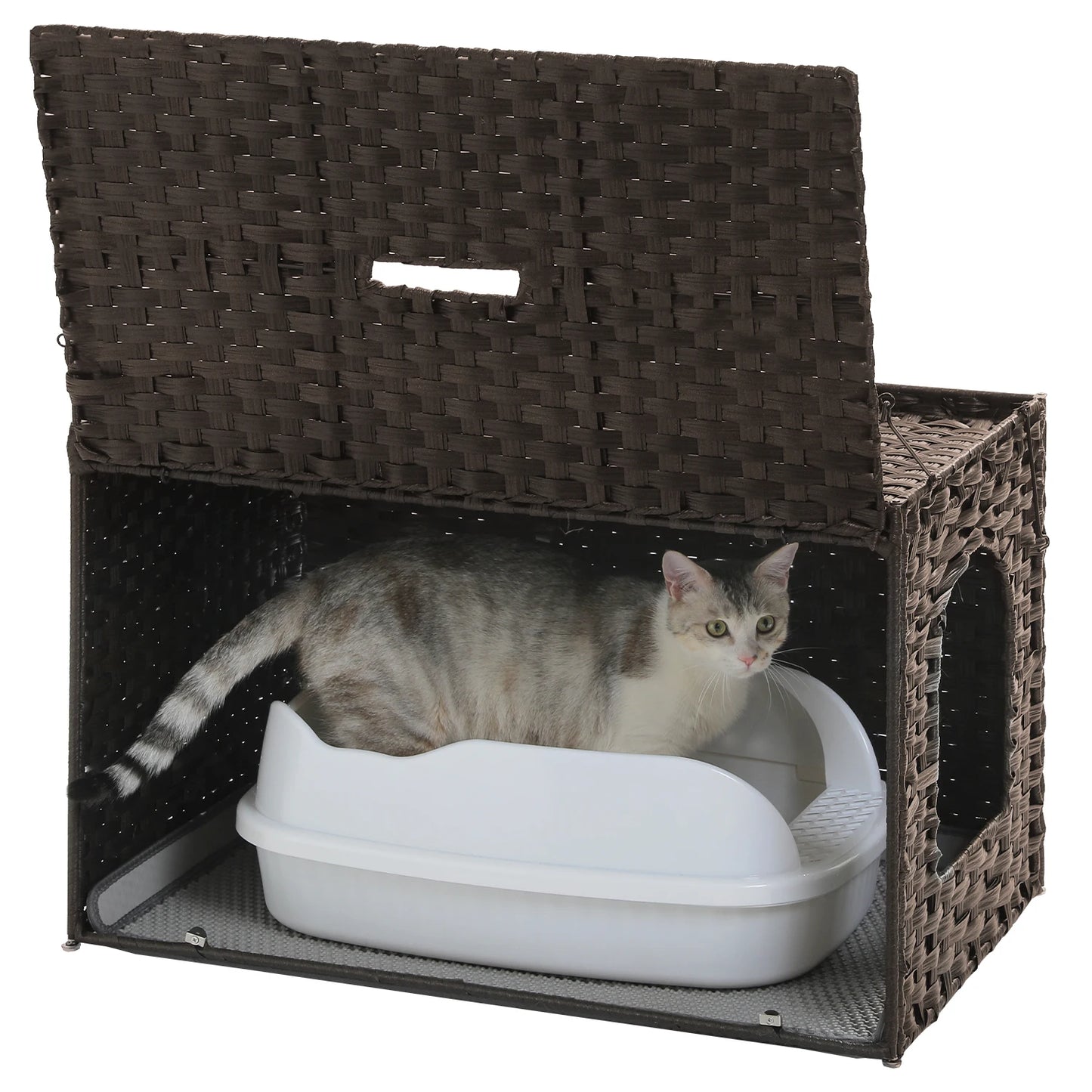 Cat Litter Box Enclosure Furniture with Door Hidden Litter Box Handwoven Rattan Cat House Bed for Large Cats Indoor Room Winter