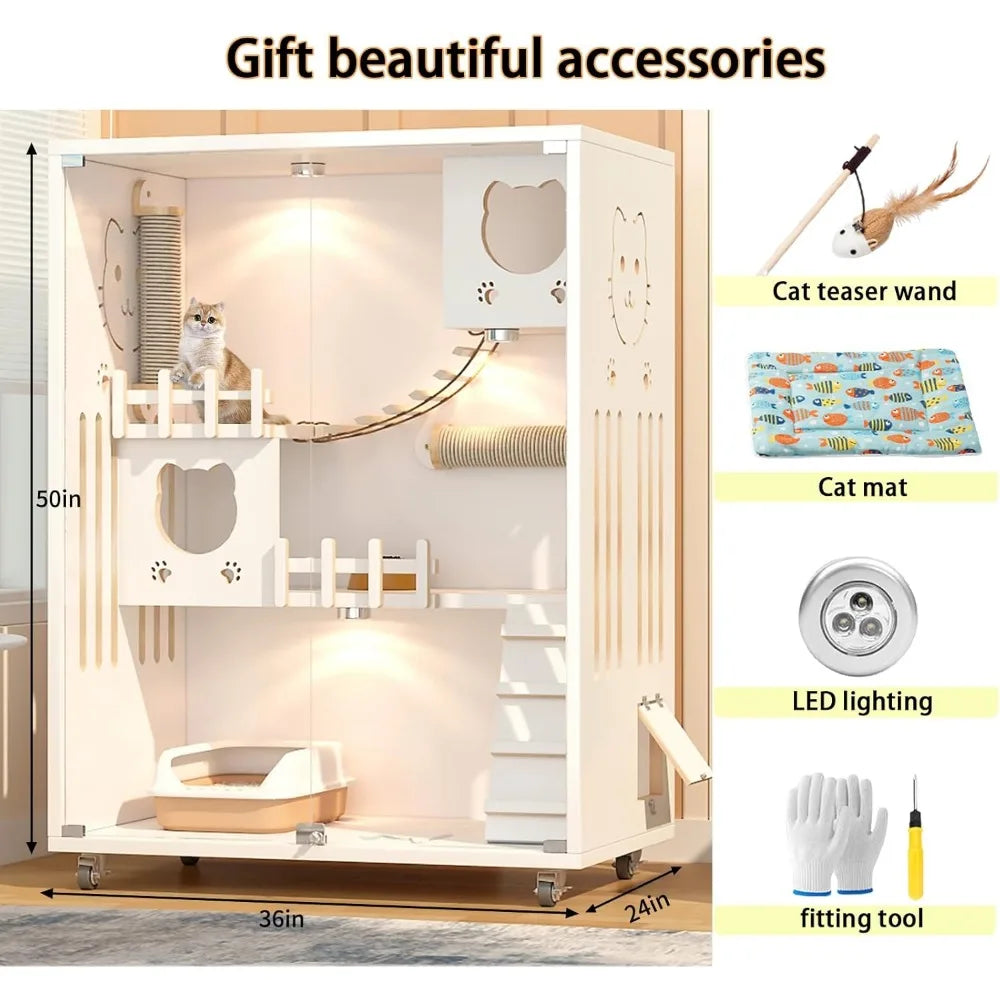 Large Luxury Wood Cat House, Indoor/Outdoor Cat Cage Large Space with Wheels, Multi-Feature Enclosed Cat Condo for Indoor Cats V