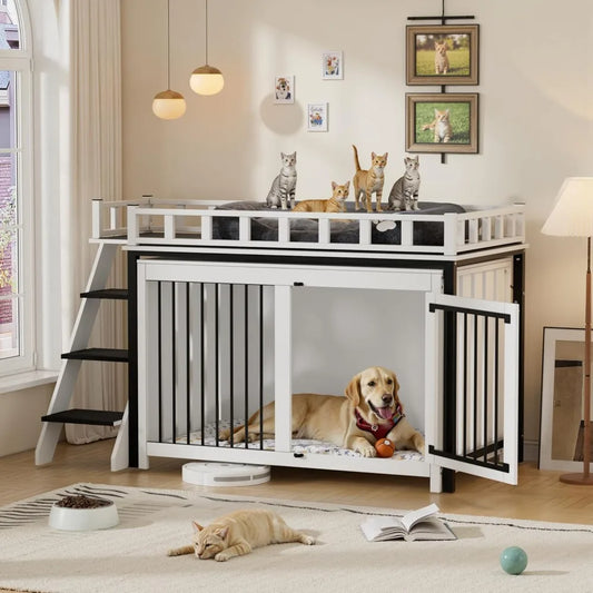 Loft-Style Dog Crate Furniture with Double Doors, Heavy Duty Dog Kennel Indoor for Medium and Large Dogs, Wooden Pet House with