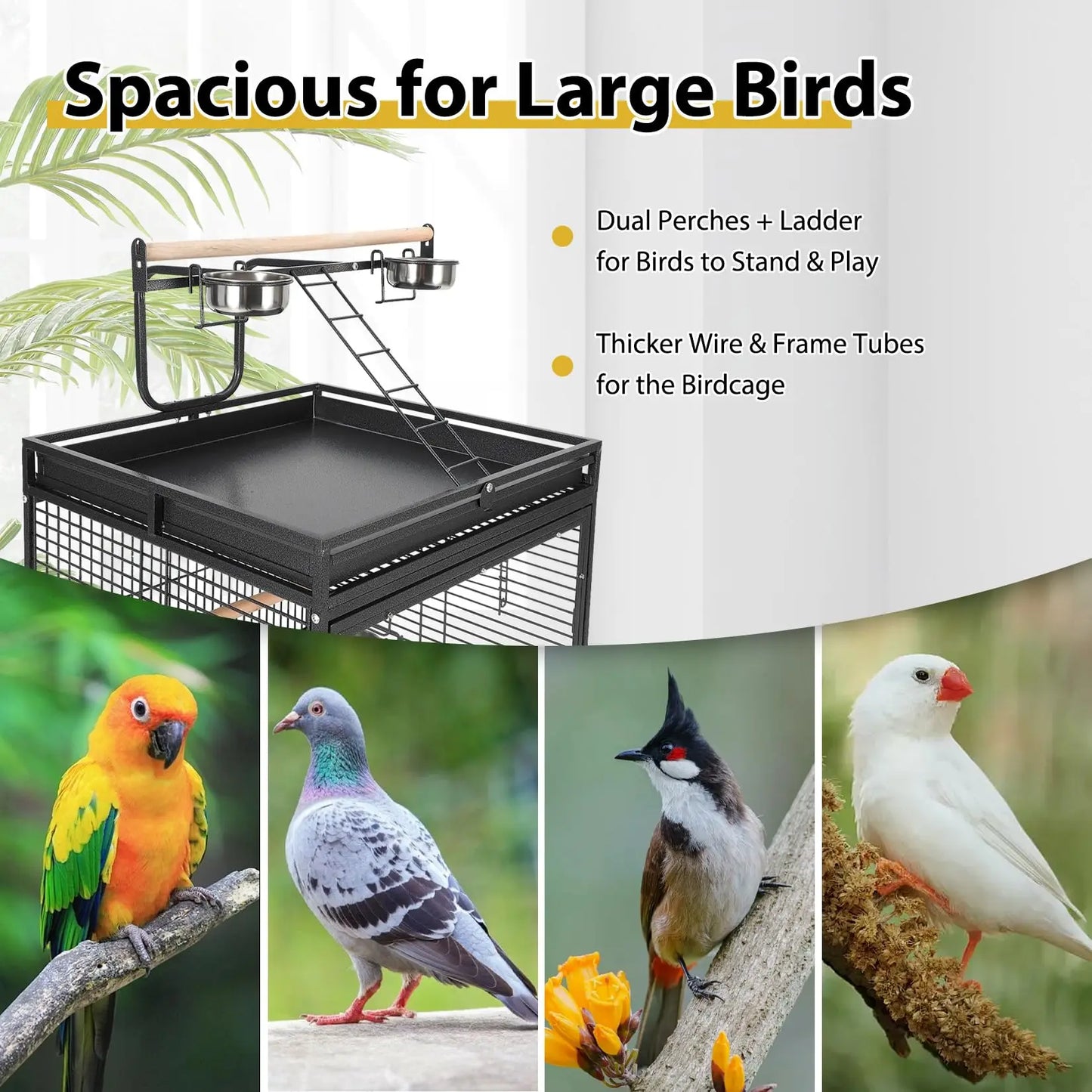 64.4" Tall Large Metal Bird Cage With Rolling Stand Play Top & Bowls Indoor Outdoor Aviary For Parrots Parakeets Conures