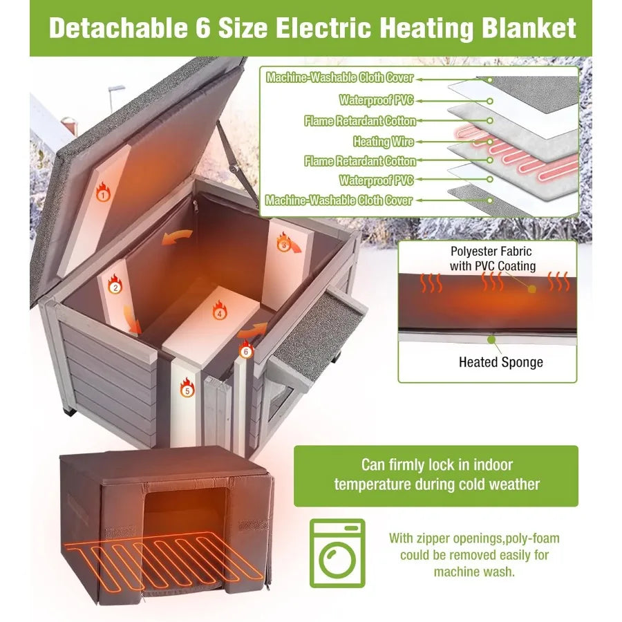 Heated Outdoor Cat House with Insulated Heating Blanket for Winter Protection Bite-Resistant Wire Mesh Weatherproof Shelter for