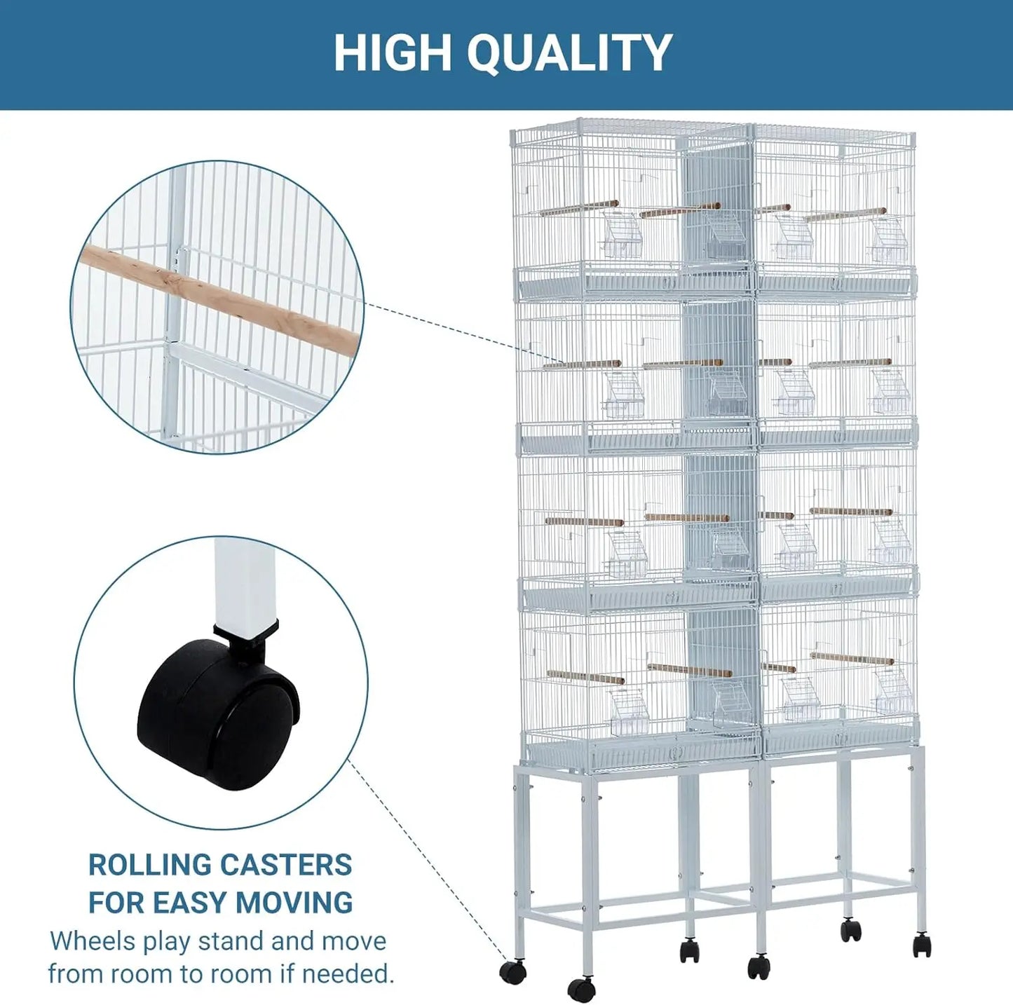 Breeding Bird Cage, Parrot Cage, Stackable Center Divided Breeder,Seperate Removable Tray, Removable Divider, Lockable Caster, f
