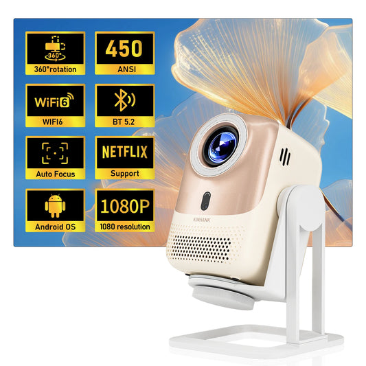 Portable Outdoor Movie Projector Auto Focus Native 1080P 450 ANSI Wifi 6 Android OS with Netflix Smart Home Projector
