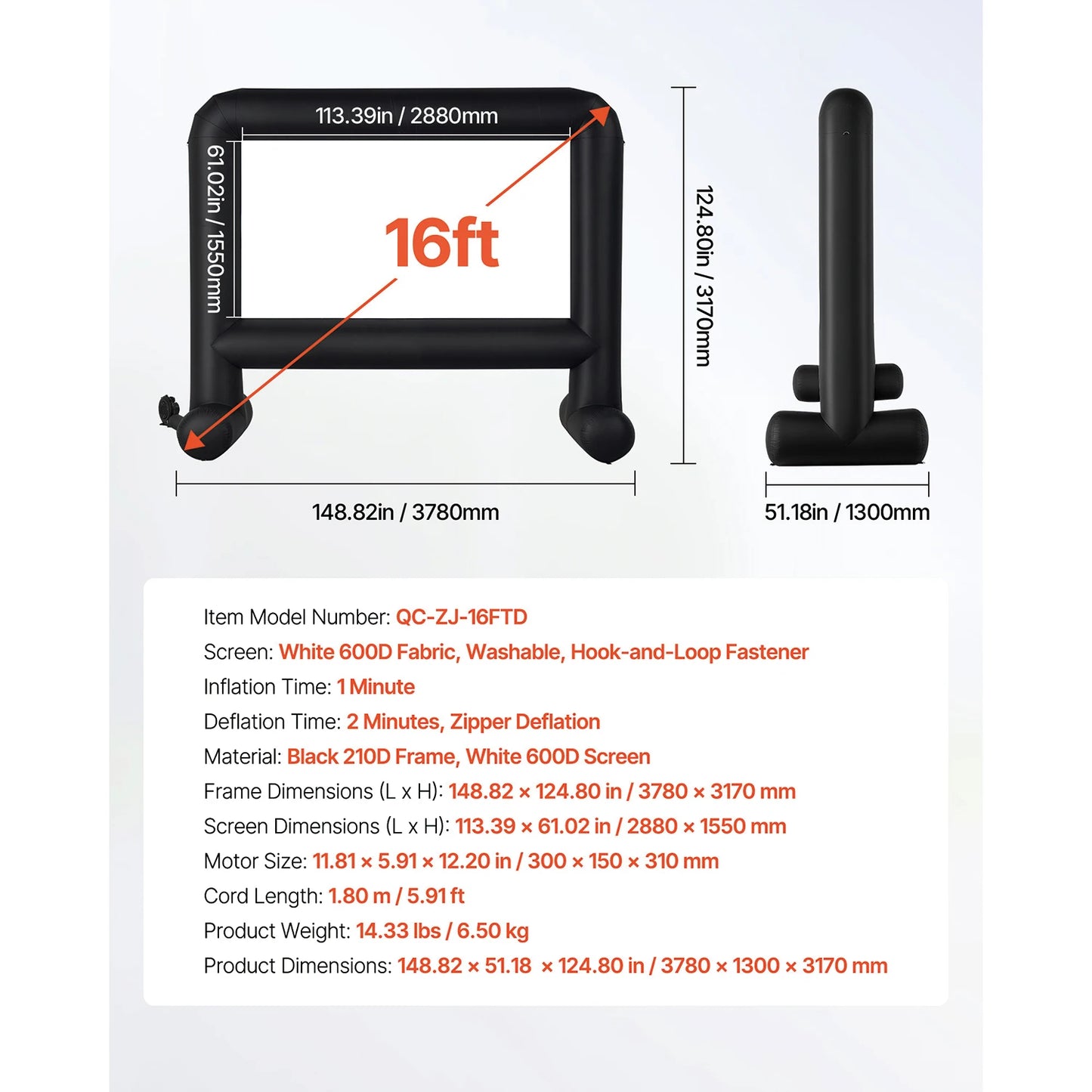 SucceBuy 14/15/16/18/20 FT Inflatable Projector Screen with 120W Air Blower Projector Screen for Outdoor Theater Theme Party