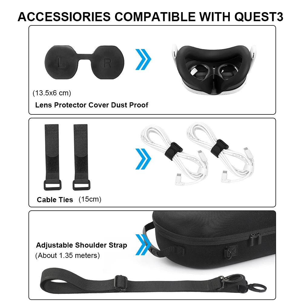 Hard Shell Case Len Cover Shockproof Portable Storage Bag Cable Ties With Shoulder Strap for Meta Quest 3 VR Headset Controller