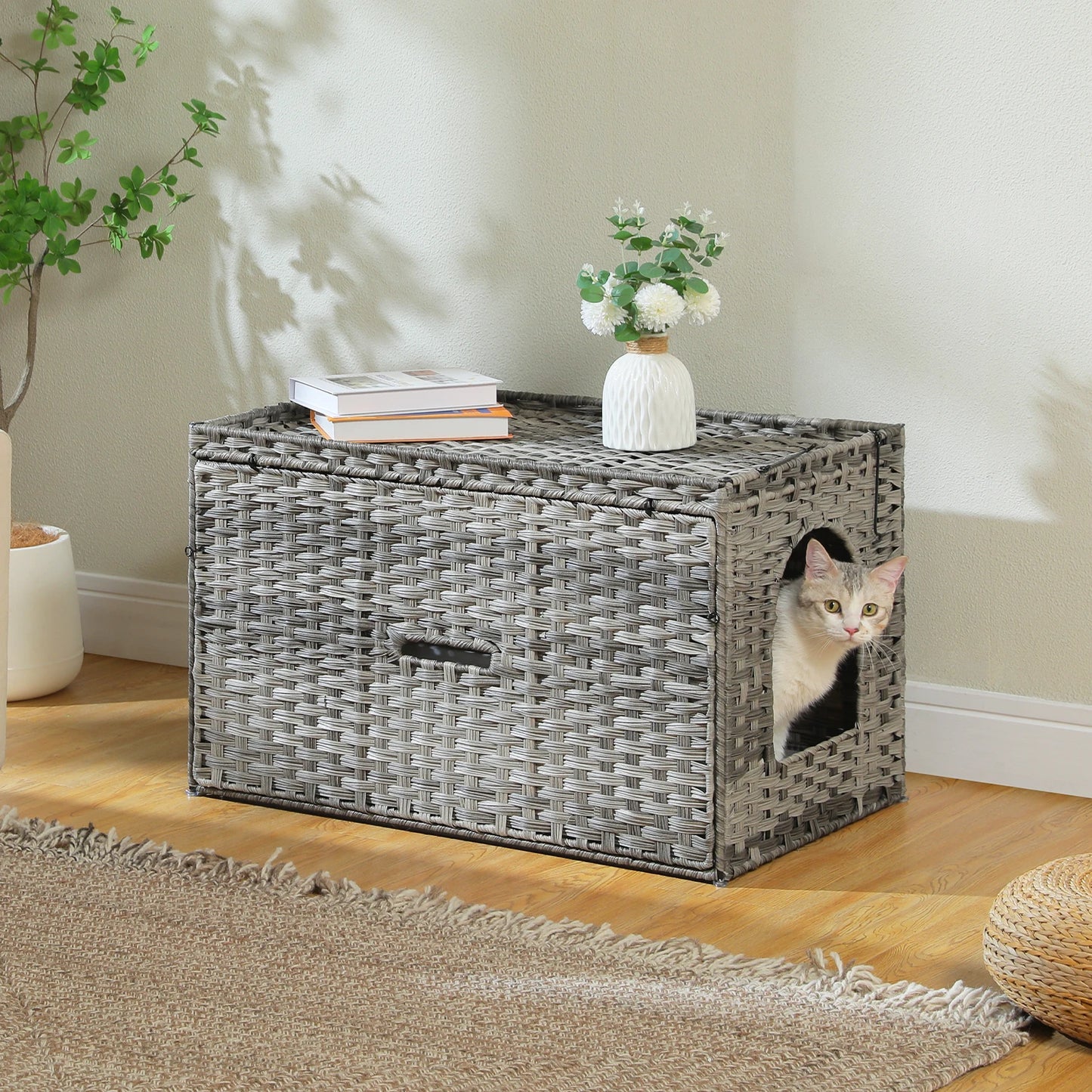 Cat Litter Box Enclosure Furniture with Door Hidden Litter Box Handwoven Rattan Cat House Bed for Large Cats Indoor Room Winter