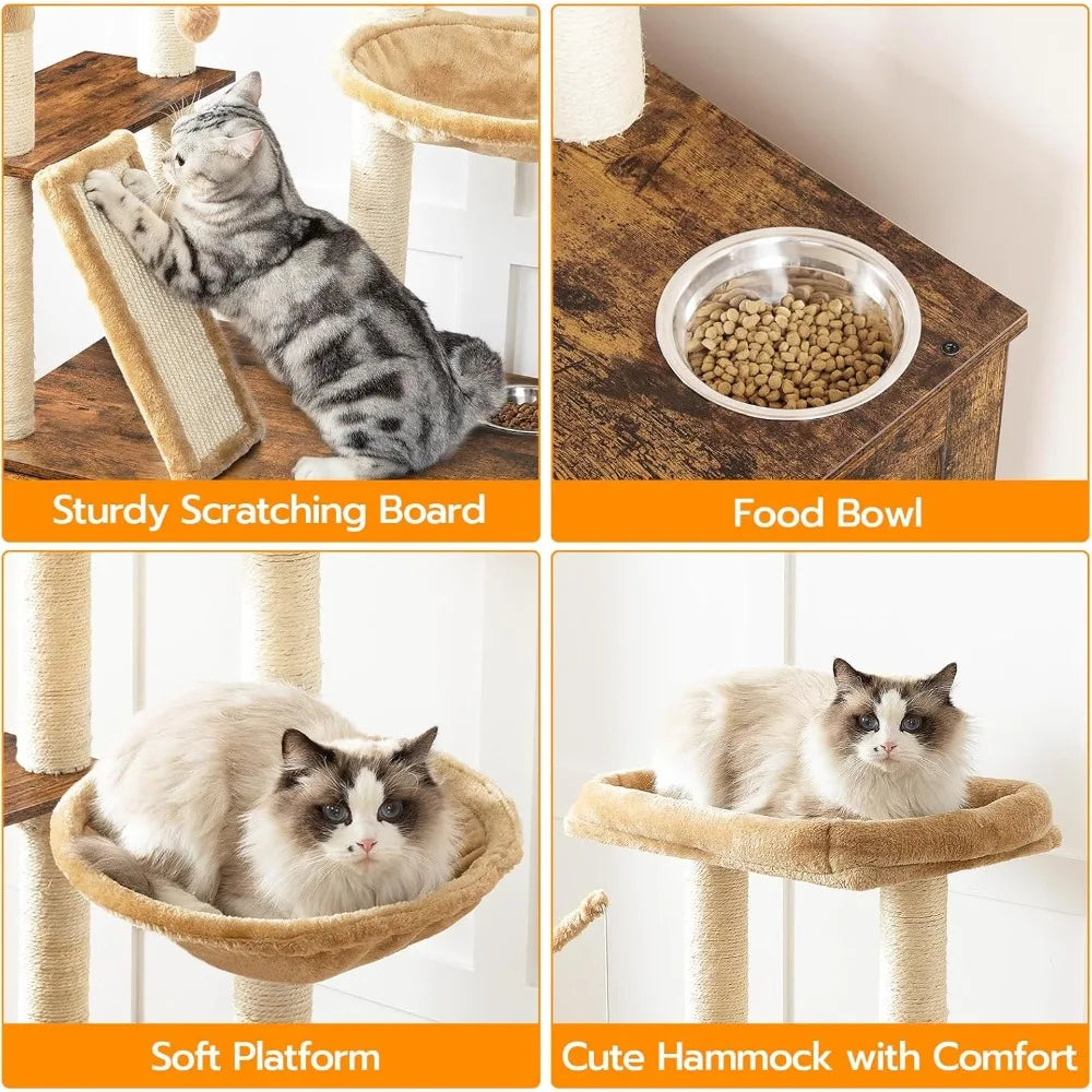 Cat Tree with Litter Box Enclosure, 44 Tall Wooden Cat Tower with Scratching Posts, Cat Hammock, Hidden Litter Box Furnit