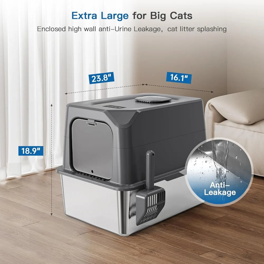 Odor Control XXL Stainless Steel Litter Box for Big Cats, Multiple Cats - Enclosed with Lid, Easy Clean, Anti-Urine Leakage