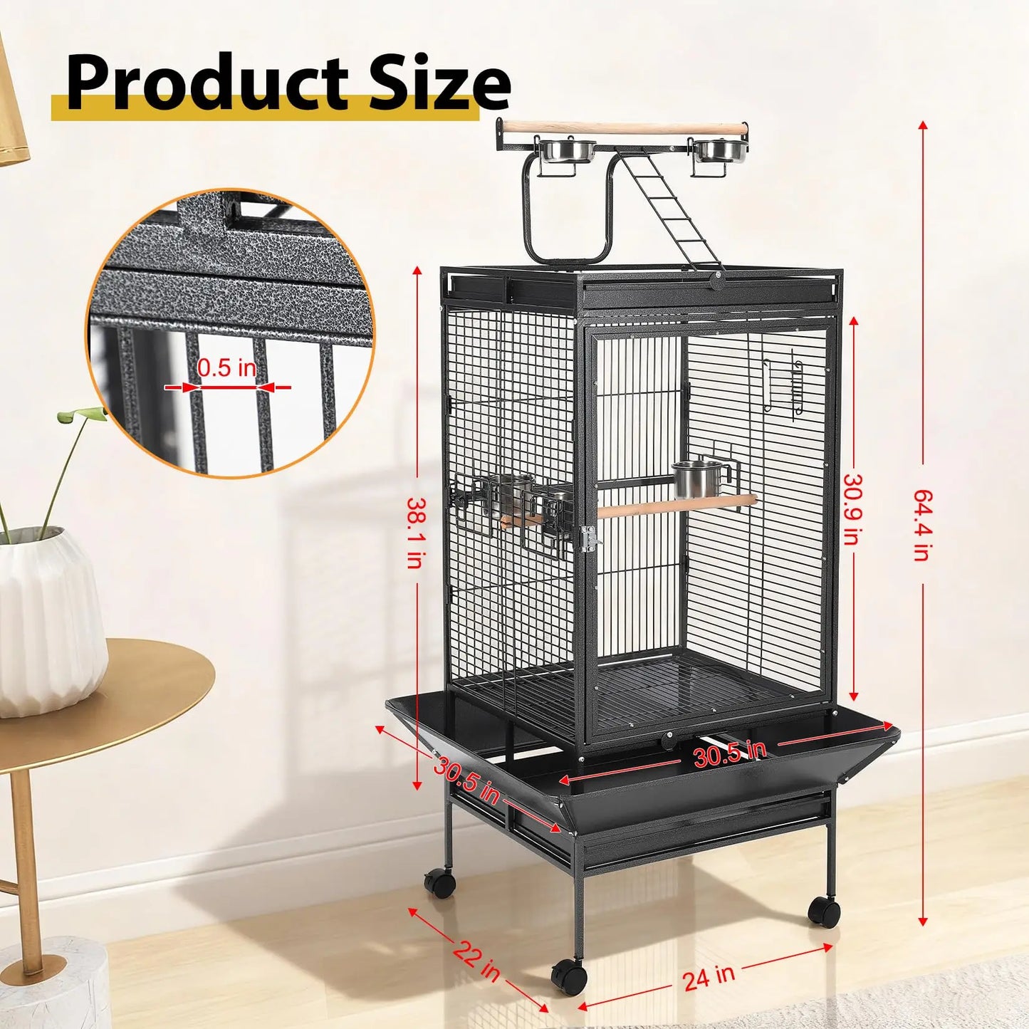 64.4" Tall Large Metal Bird Cage With Rolling Stand Play Top & Bowls Indoor Outdoor Aviary For Parrots Parakeets Conures