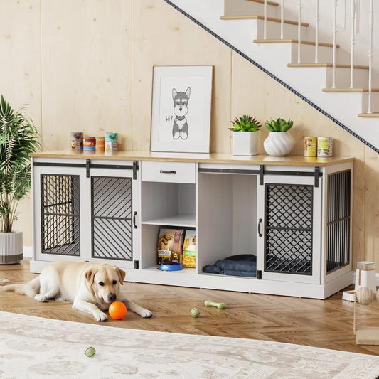 87" Dog Crate Furniture for 2 Dogs,Wooden Dog Kennel Indoor with Double Doors,Escape-Proof and Chew-Proof Heavy Duty Dog House T
