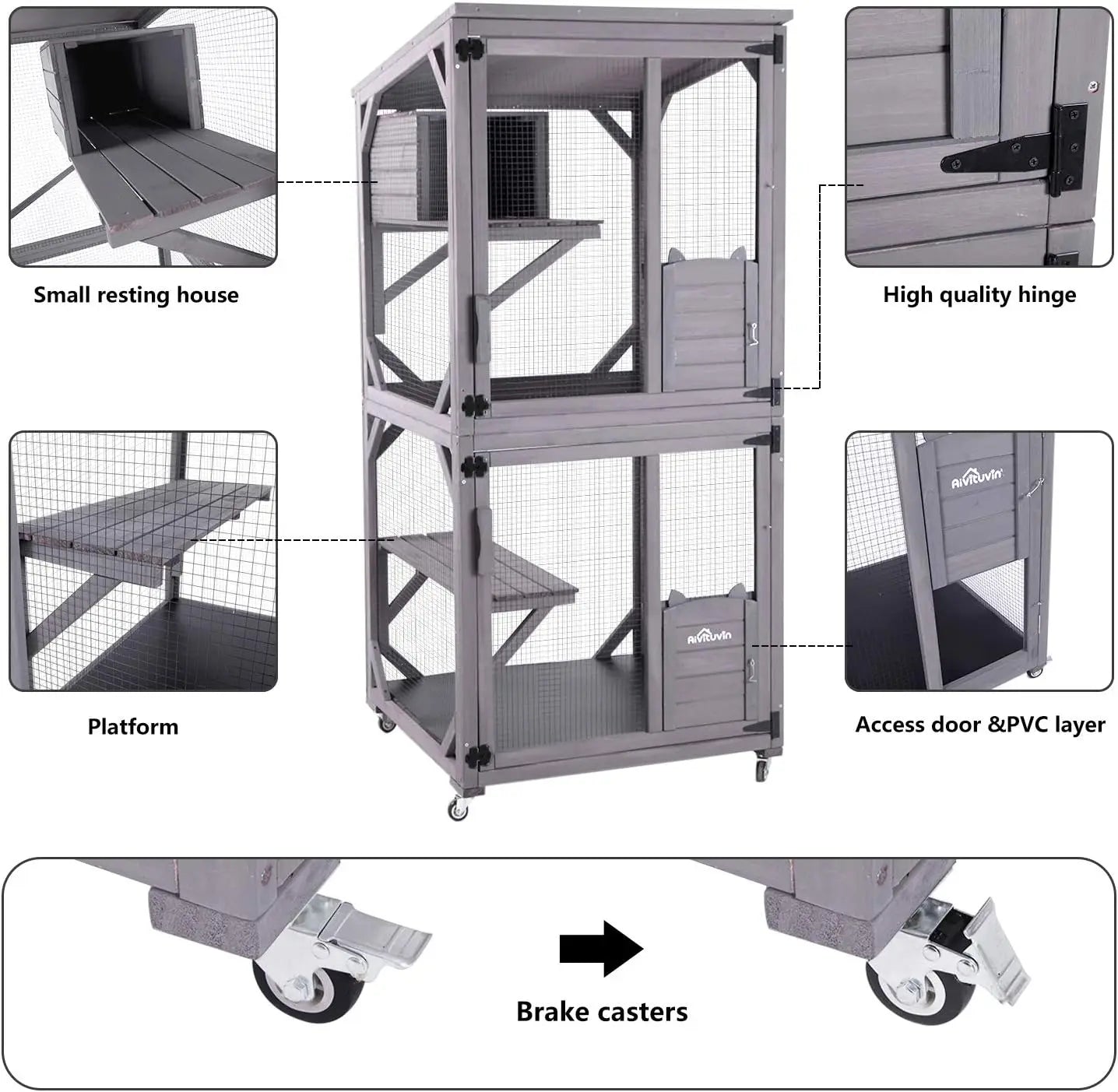 Indoor and Outdoor Cattery, Large Wooden Cat Cage with Wheels, 70.9-inch Upgraded Dog Cage with Reinforced Wooden Bars