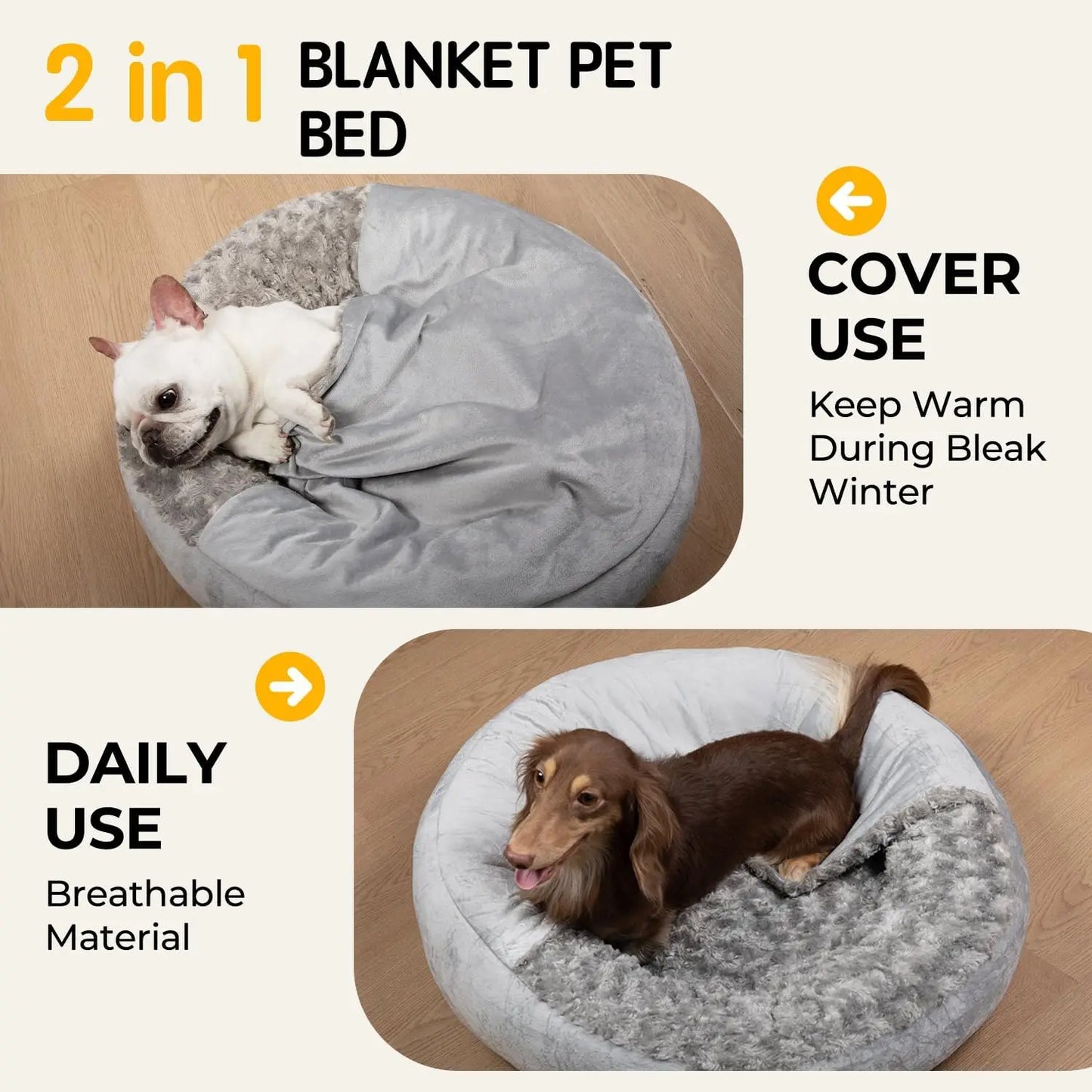 Cave Dog Bed with Blanket, Round Plush Pet Bed, Machine Washable, Anti-Slip, Gray, 26'