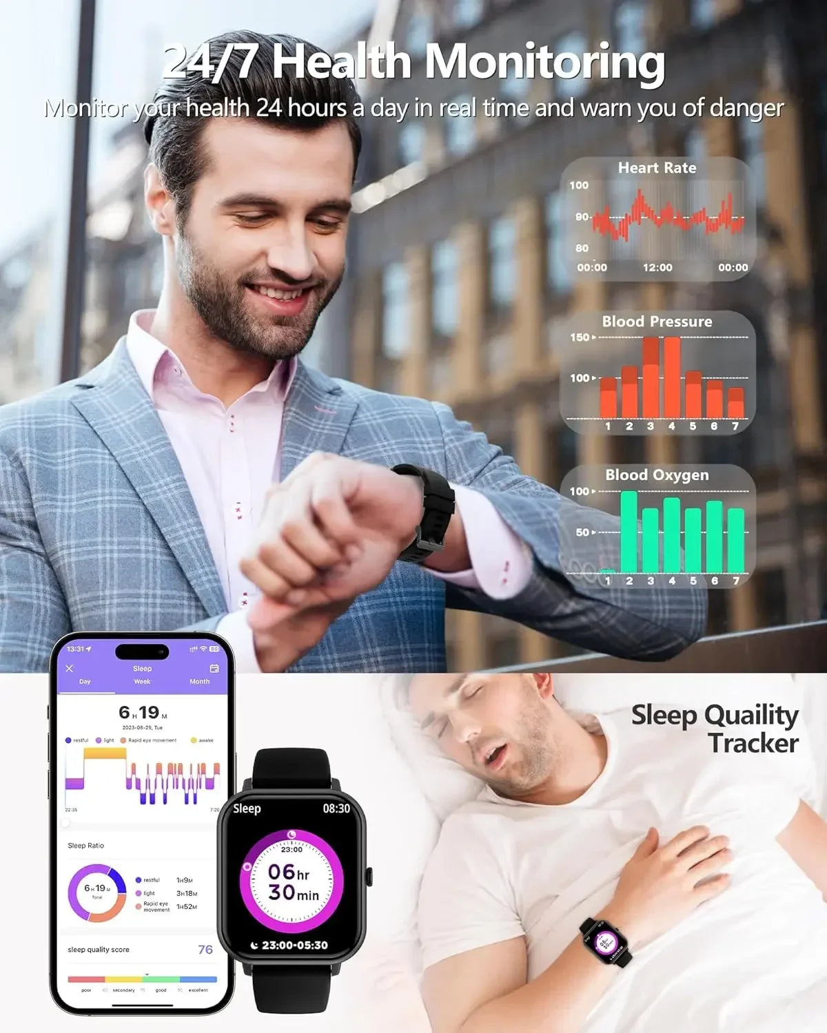 Smart Watch for Men Women 1.83" Fitness Tracker Heart Rate Blood Oxygen Sleep Monitor, IP68 Waterproof  Watch for Android IOS