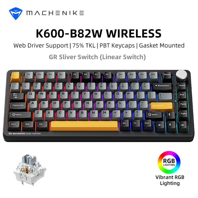 Machenike K600-B82W Mechanical Keyboard 75% ANSI Layout Gasket Mounted Web Driver Support RGB Backlit Wireless Gaming Keyboard