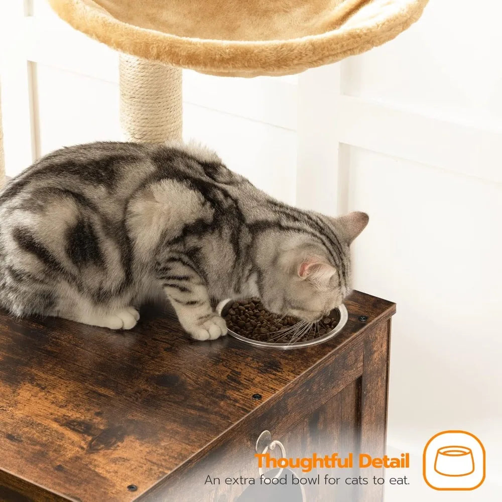 Cat Tree with Litter Box Enclosure, 44 Tall Wooden Cat Tower with Scratching Posts, Cat Hammock, Hidden Litter Box Furnit