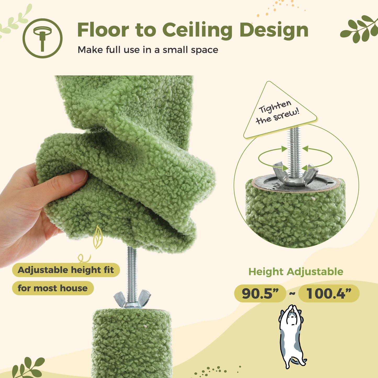 Floor to Ceiling Cactus Cat Tree Tower Adjustable Height with Cat Condo Cozy Hammock and Scratching Post Tall Activity Tree