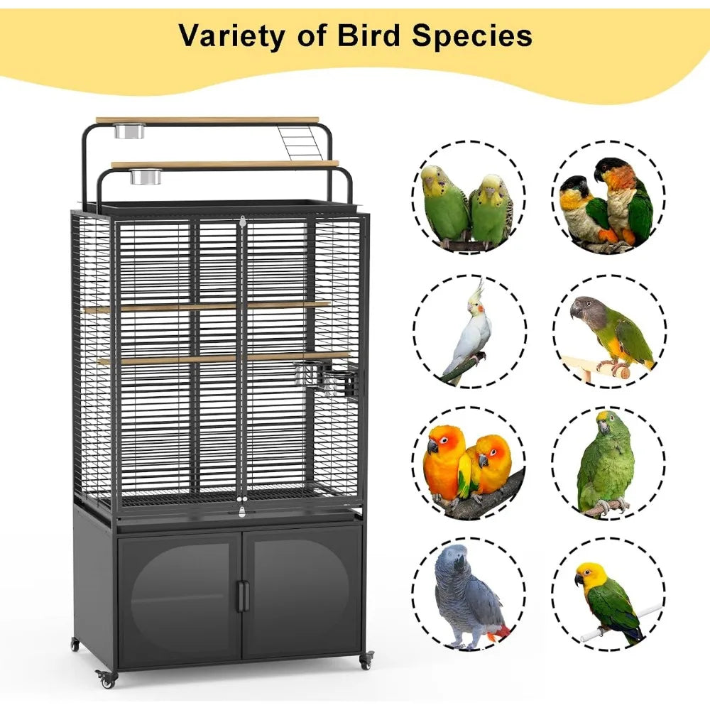 72-Inch Bird Cage with Play Top, Parakeet Cage with Rolling Storage Cabinet Extra Large with Cover for Parrot, Cockatiel, Budgi