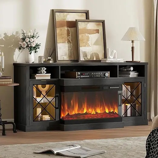 Black 3 Sided Fireplace TV Stand with Led Lights and Outlets-Entertainment Center for Up to 75 inch TV-Modern TV Console for Liv