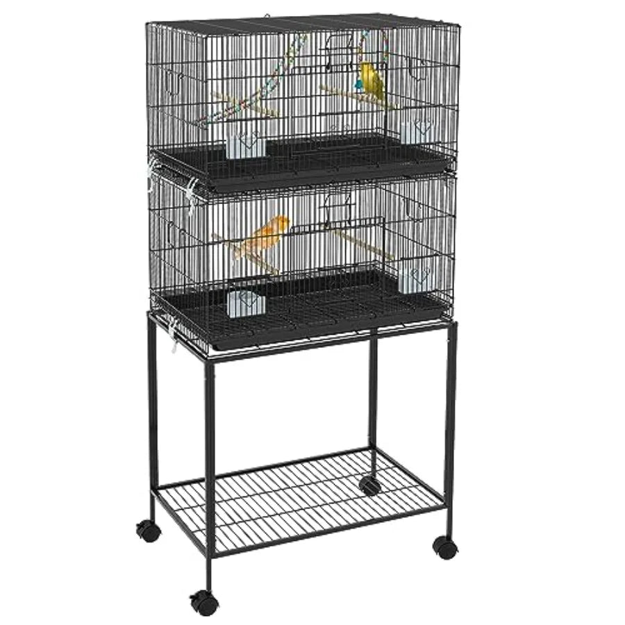 Double Stackable Bird Cage with Stand Featuring Wooden Swing Rope Ladder and Wheels Designed for Canaries Lovebirds Finches and