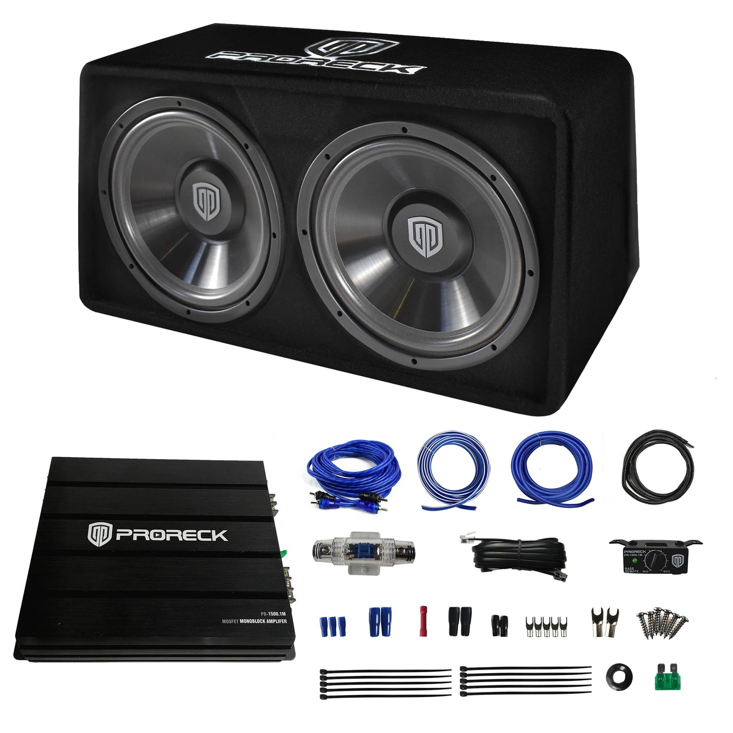 PRORECK PR-122M 1500W Dual 12" Car Subwoofer Enclosure Audio with Subwoofer，Mono Block Amplifier and Wiring Installation Kit