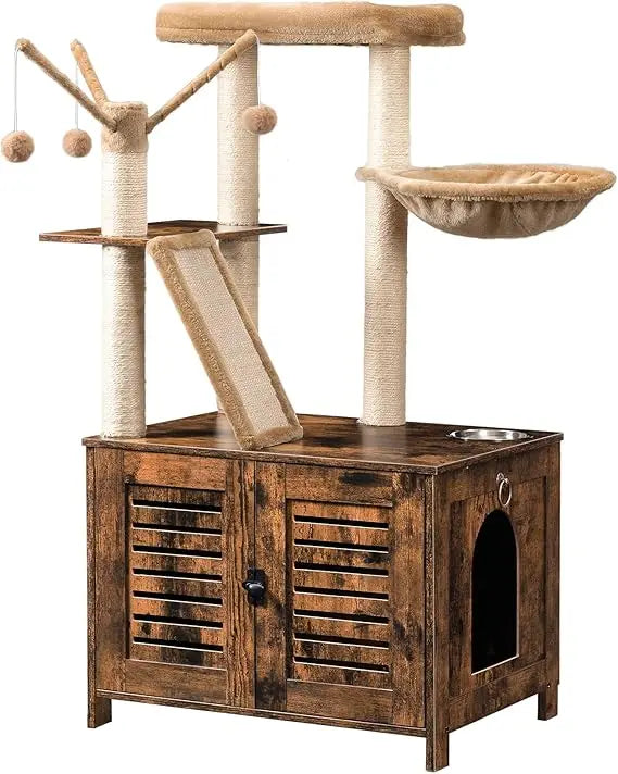 Cat Tree with Litter Box Enclosure, 44 Tall Wooden Cat Tower with Scratching Posts, Cat Hammock, Hidden Litter Box Furnit