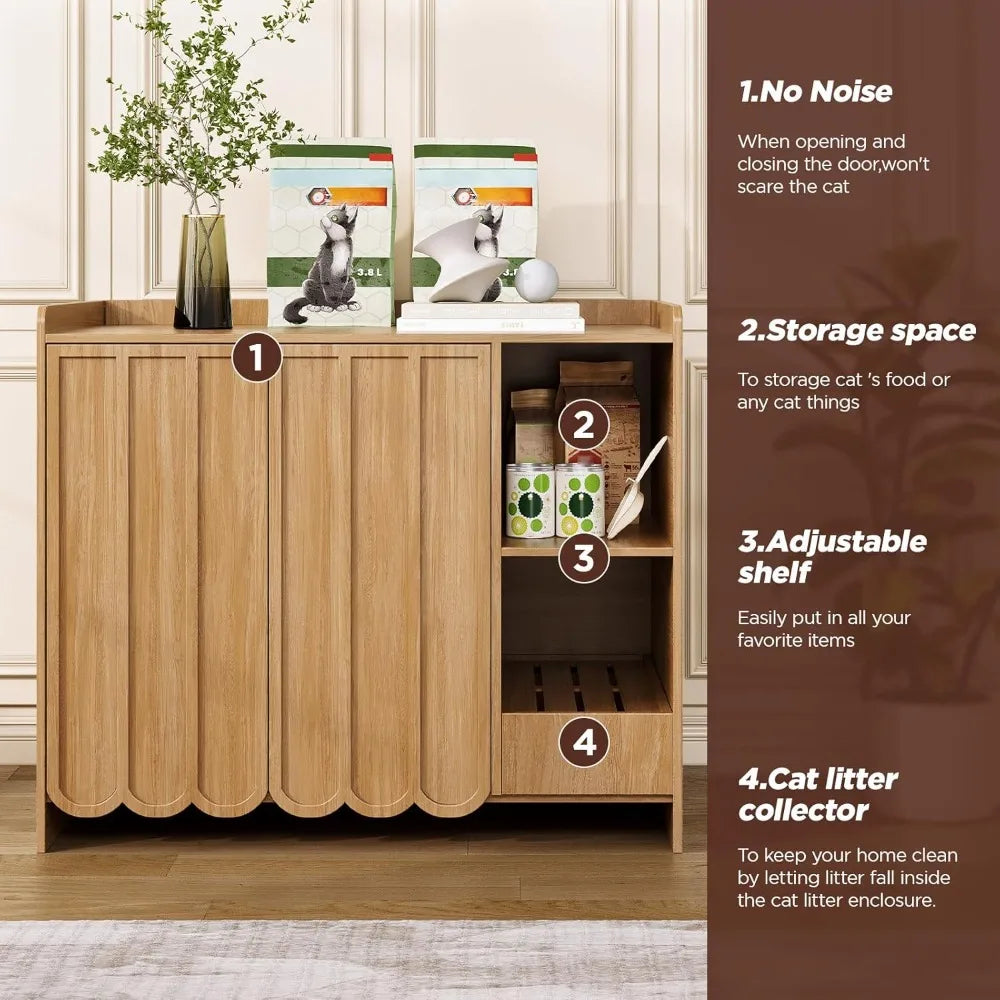 Large Cat Litter Box Enclosure, Hidden Litter Box Furniture with Removable Litter Collector & Dog-Proof Shelf, Modern Wooden Cat