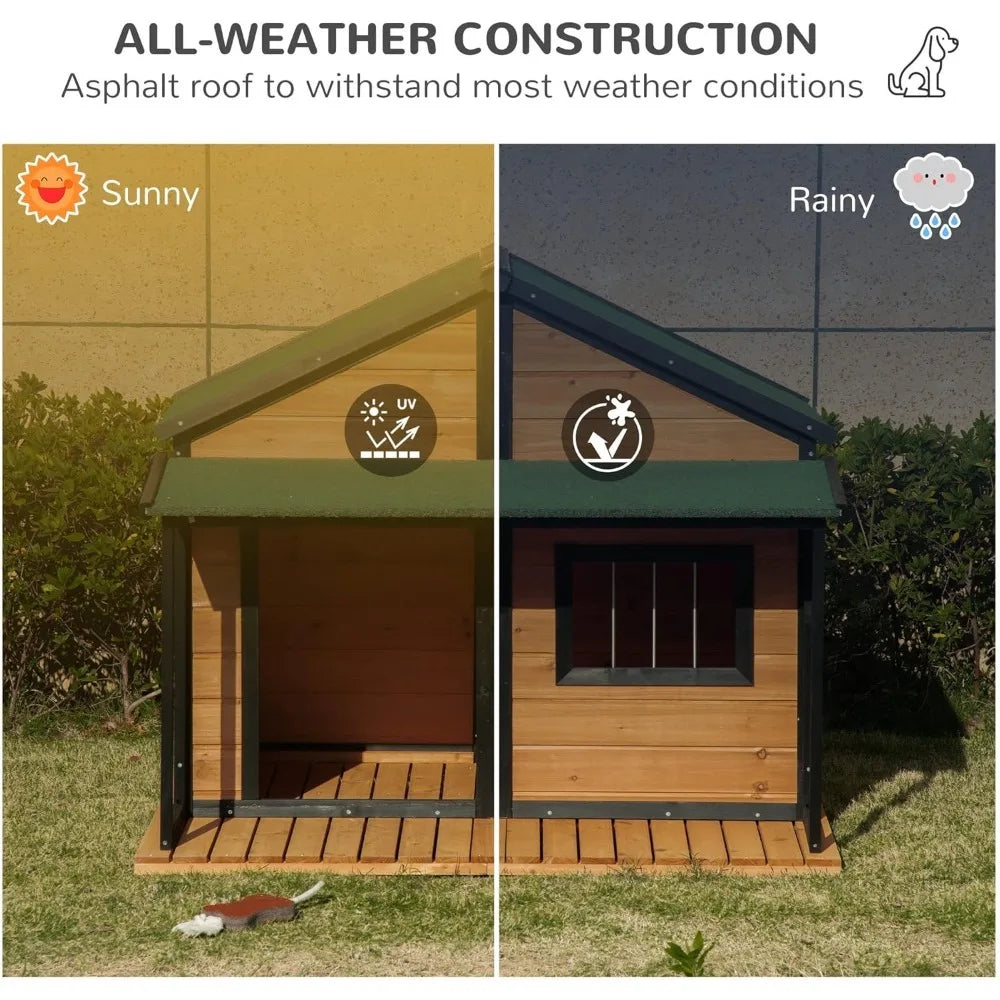 Outdoor Dog House Cabin Style, Wooden Raised Pet Kennel with Asphalt Roof, Front Door, Side Window, Porch for Medium/Large