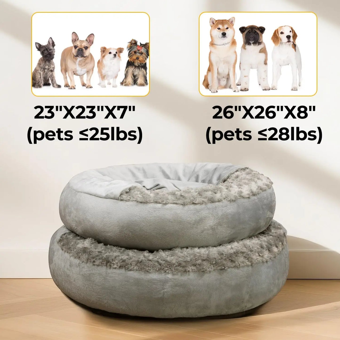 Cave Dog Bed with Blanket, Round Plush Pet Bed, Machine Washable, Anti-Slip, Gray, 26'