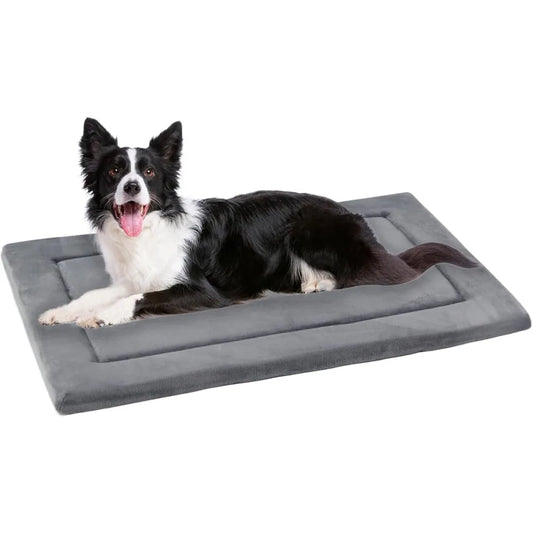 Dog bed mat for crate 1.1in slim cooling pad reversible flannel & waterproof canva for dogs up to 90 lbs