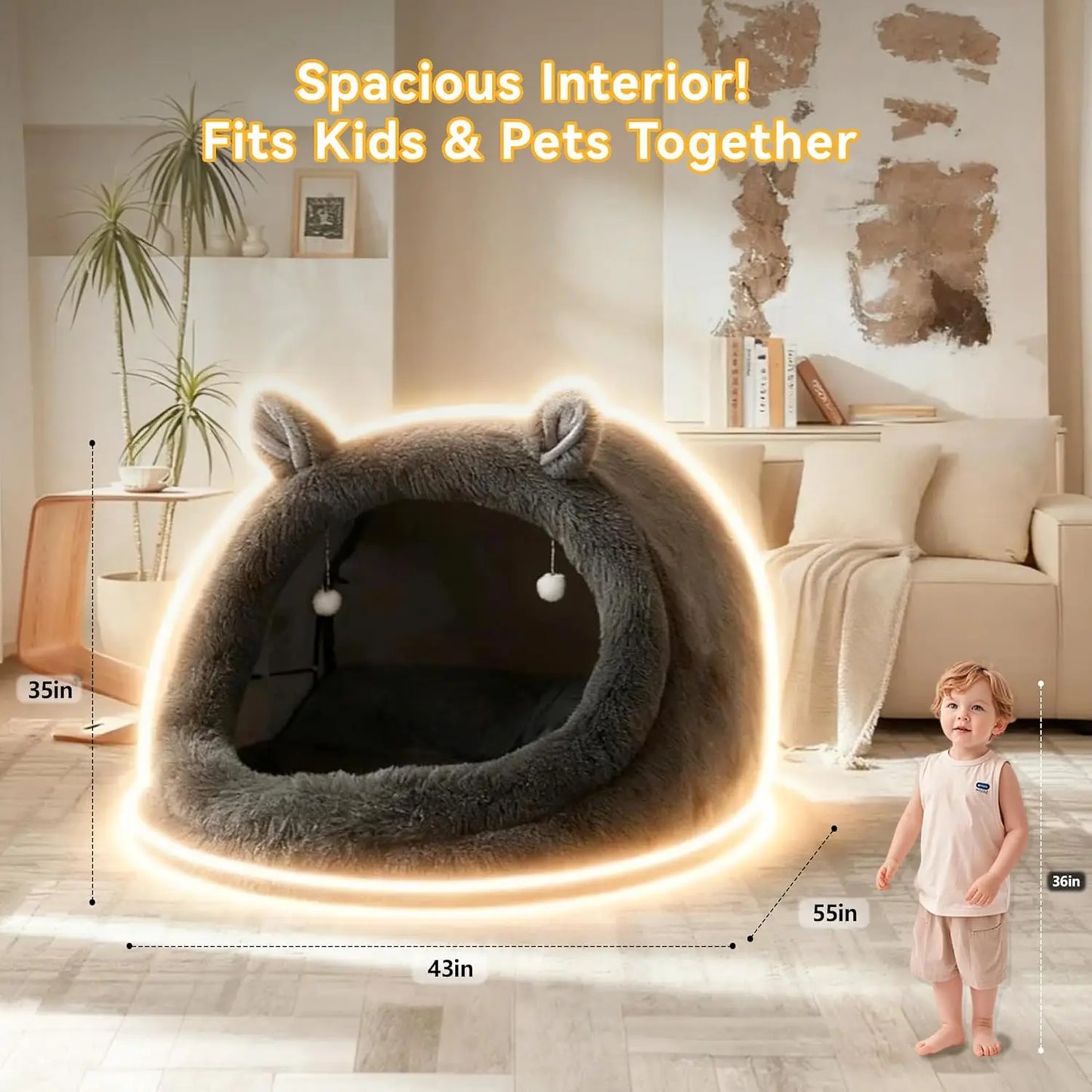 Jumbo Plush Pet Bed with Canopy - 55'x43'x35', Gray, Removable Pillow & Blanket, Machine Washable, Bunny Ear Design