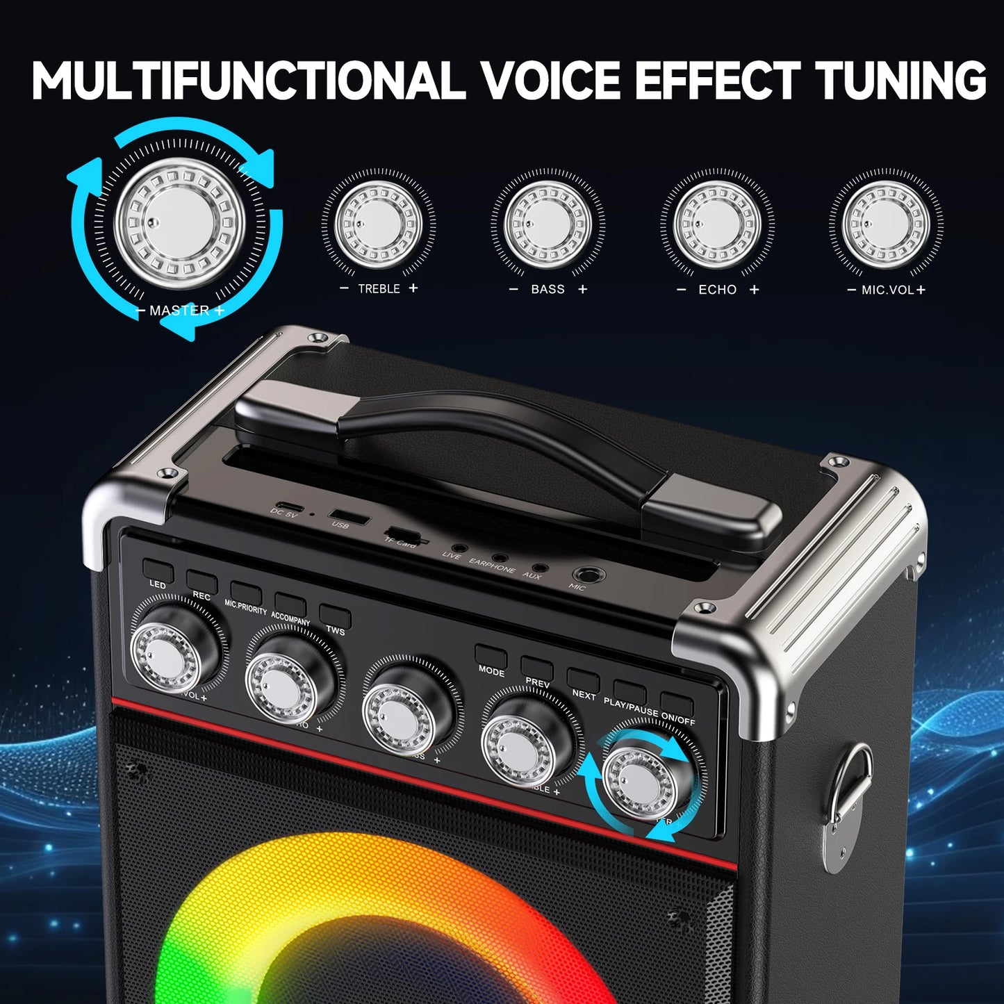 FanFun Karaoke Speaker, Bluetooth Speaker with 2 Microphones and LED Light, Portable Wireless Speaker, Outdoor Party Speaker