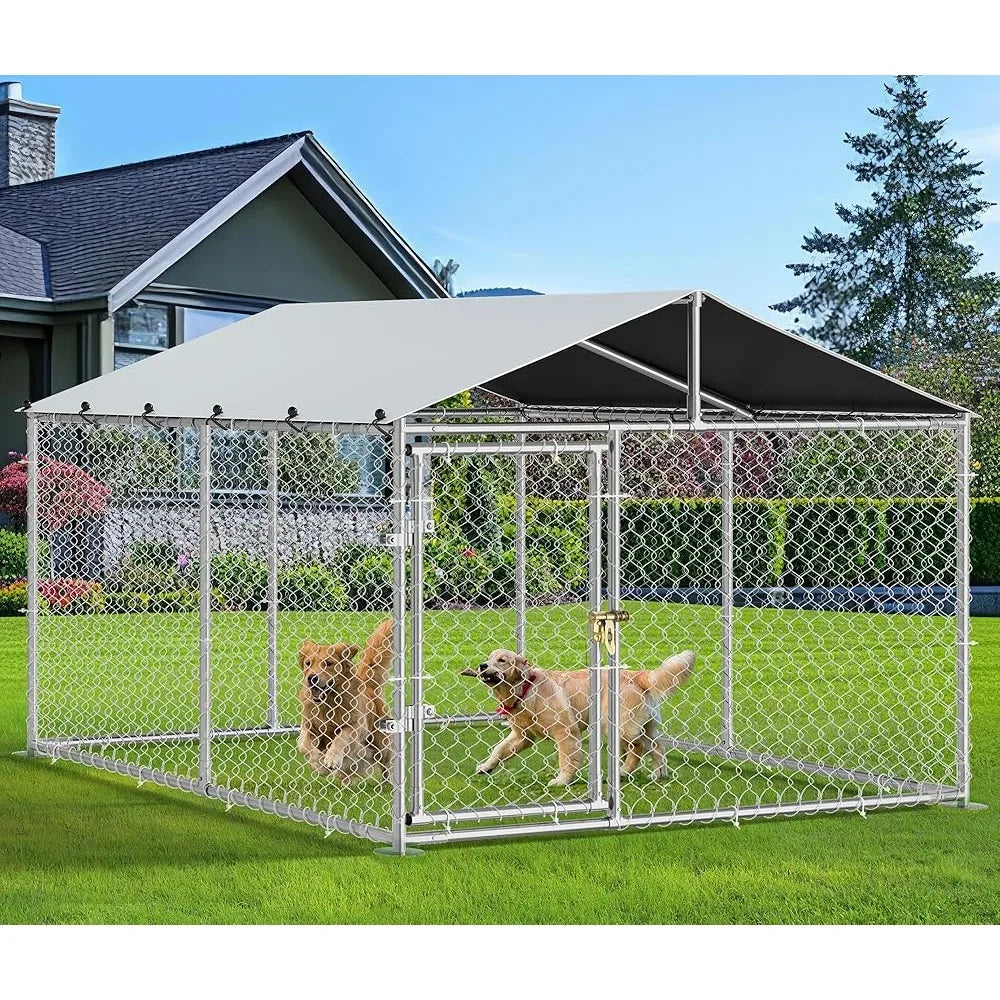 7.5'x7.5' Outdoor Dog Kennel with Metal Dog Gate, Outdoor Dog Pens with Roof, Heavy Duty Dog Kennel for Backyard Farm
