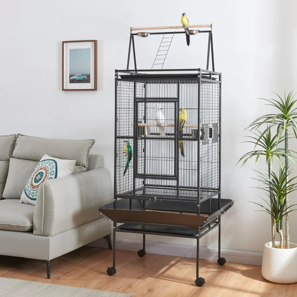 Large Bird Cages Parrot Cage Wide Flight Metal Animal Cage for Budgie Parakeet Conure with Rolling Stand Wheels (69 inch Height