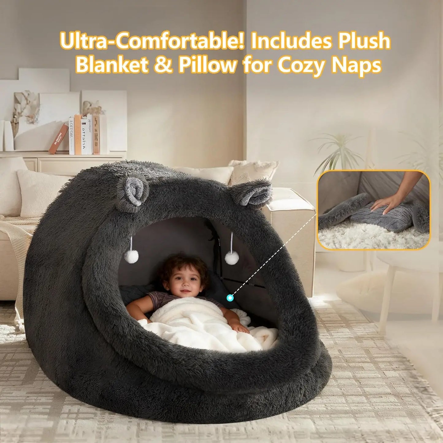 Jumbo Plush Pet Bed with Canopy - 55'x43'x35', Gray, Removable Pillow & Blanket, Machine Washable, Bunny Ear Design