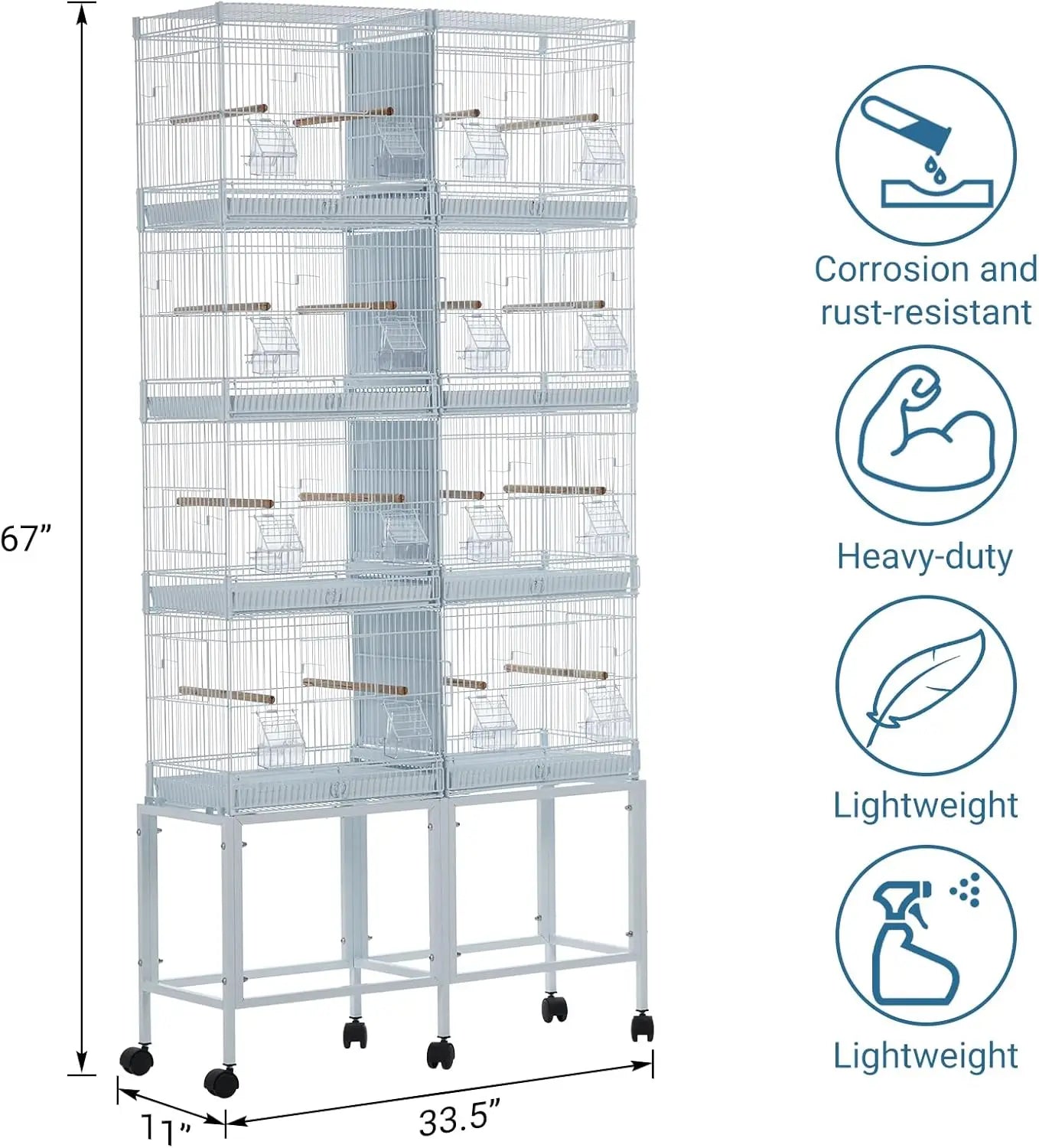 Breeding Bird Cage, Parrot Cage, Stackable Center Divided Breeder,Seperate Removable Tray, Removable Divider, Lockable Caster, f