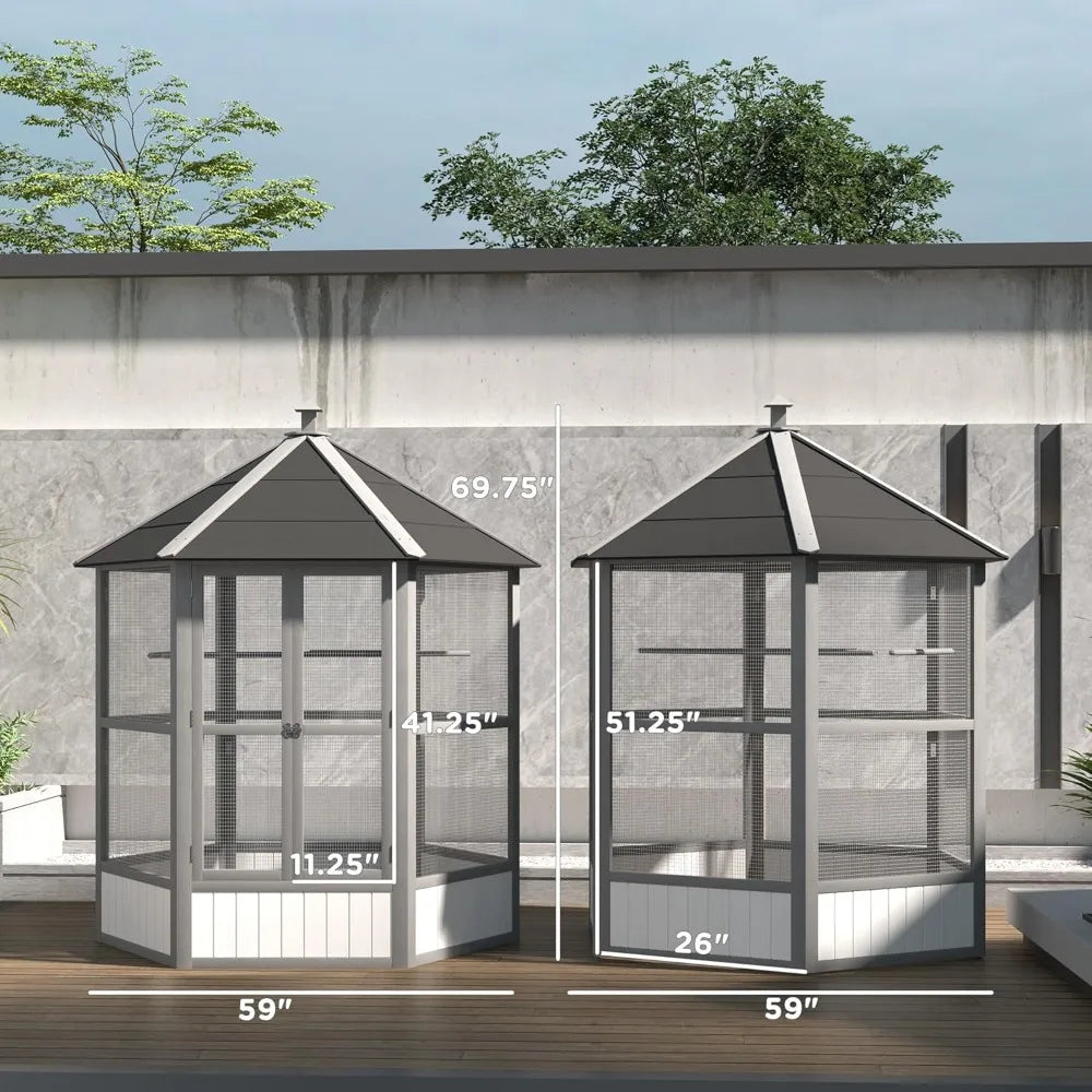 69" Large Wooden Hexagonal Outdoor Aviary Flight Bird Cage with Covered Roof, Light Gray