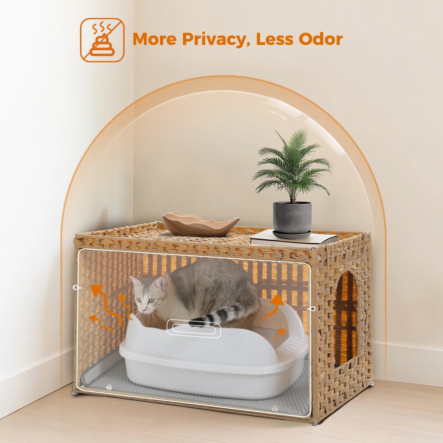Cat Litter Box Enclosure Furniture with Door Hidden Litter Box Handwoven Rattan Cat House Bed for Large Cats Indoor Room Winter
