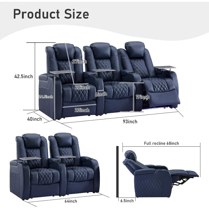 3-Piece Power Recliner Sofa Set, Top Grain Leather with USB & Blue Lighting