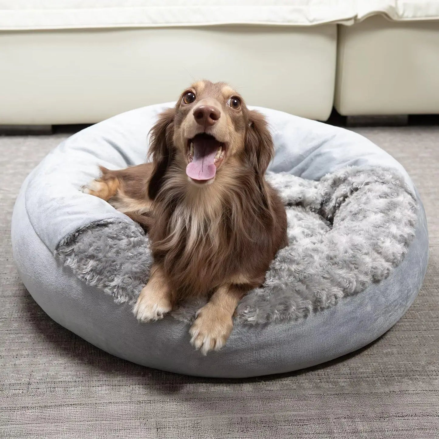 Cave Dog Bed with Blanket, Round Plush Pet Bed, Machine Washable, Anti-Slip, Gray, 26'