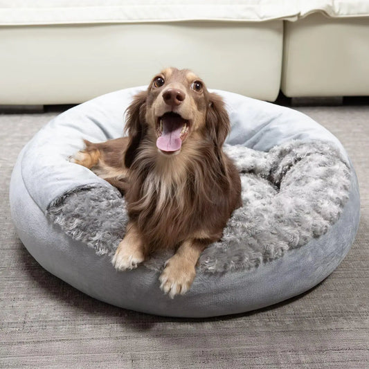Cave Dog Bed with Blanket, Round Plush Pet Bed, Machine Washable, Anti-Slip, Gray, 26'