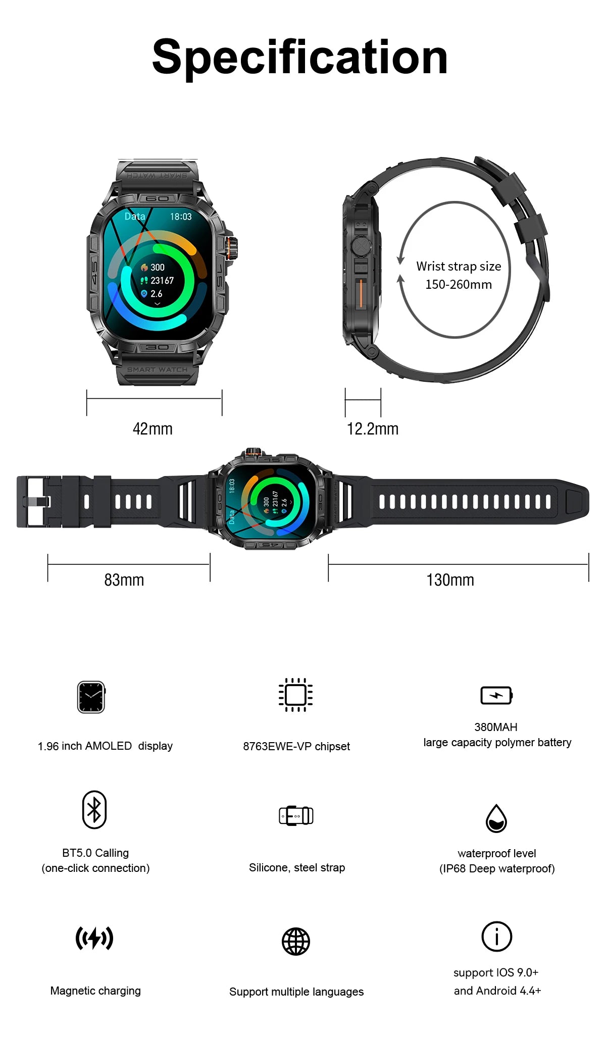 LaNikar New Smart Watch ED Display 100+ Sport Mode With Compass IP68 Waterproof Bluetooth Call Heart Rate Blood Pressure Men K63