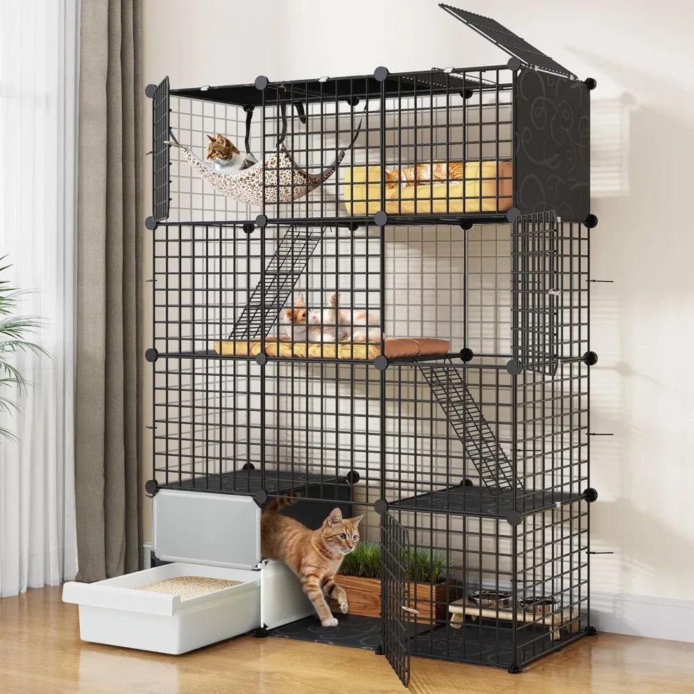 4-Tier Cat Cage with Litter Box: Kittens House Indoor Multi-Level Enclosure for 1-3 Small Cats, Black