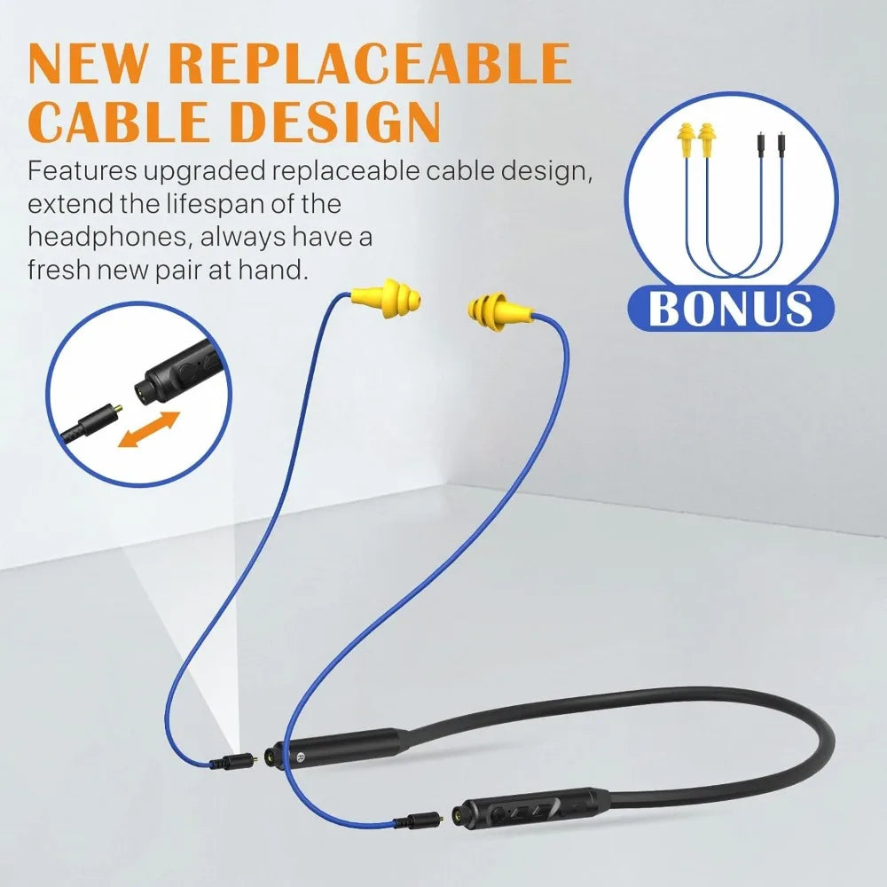 Bluetooth Neckband Earplugs, 29dB Noise Reduction, 19+ Hr Battery, Safety Earbuds for Lawn Mowing/DIY, Includes Replacement Buds