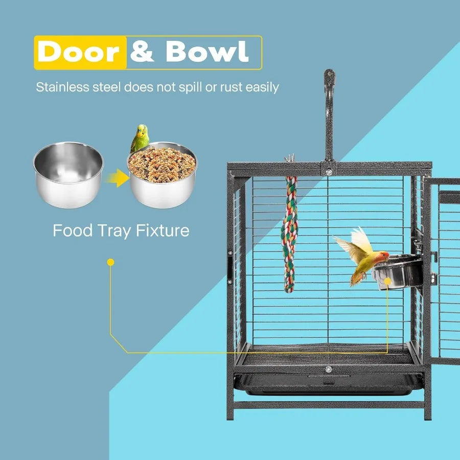 19 Inch Wrought Iron Bird Travel Carrier Cage for Parrots Conures Lovebird Cockatiel Parakeets Black Ideal for Air Travel and O