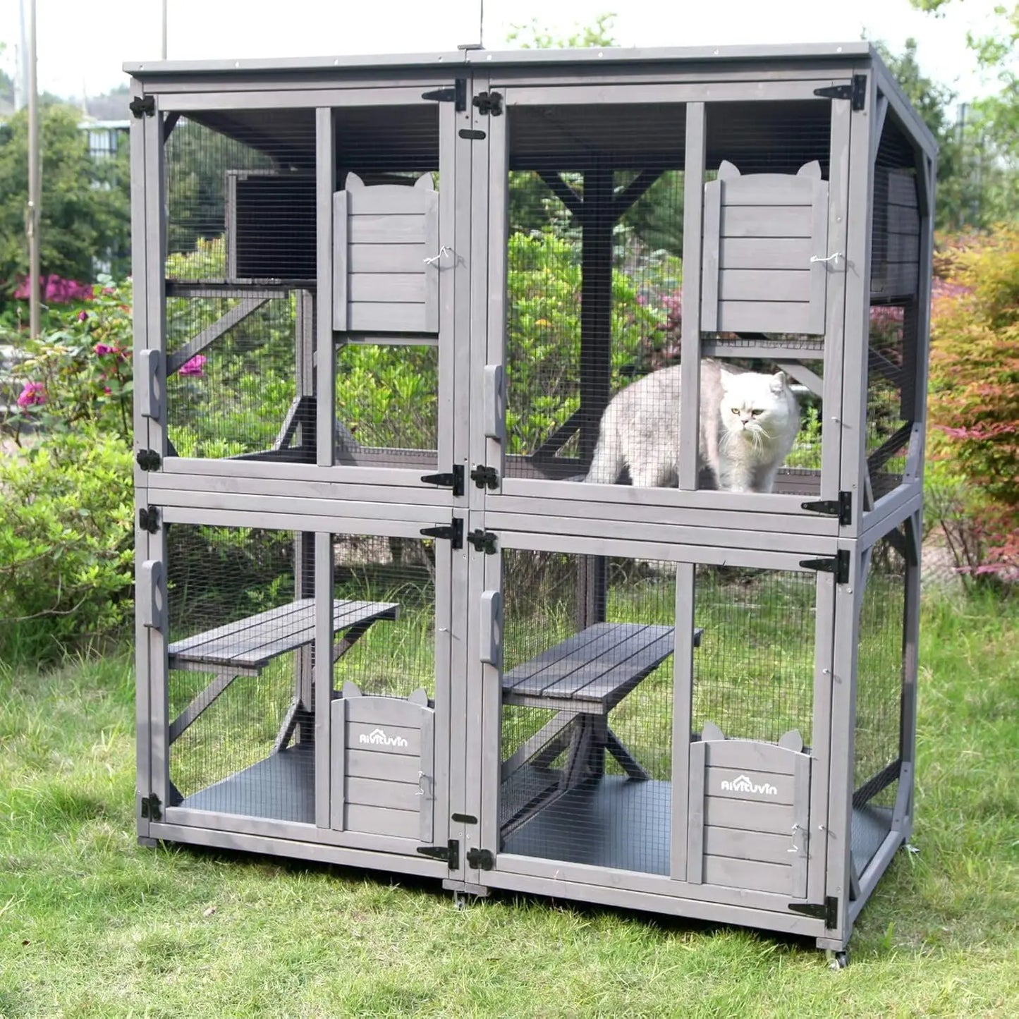 Indoor and Outdoor Cattery, Large Wooden Cat Cage with Wheels, 70.9-inch Upgraded Dog Cage with Reinforced Wooden Bars