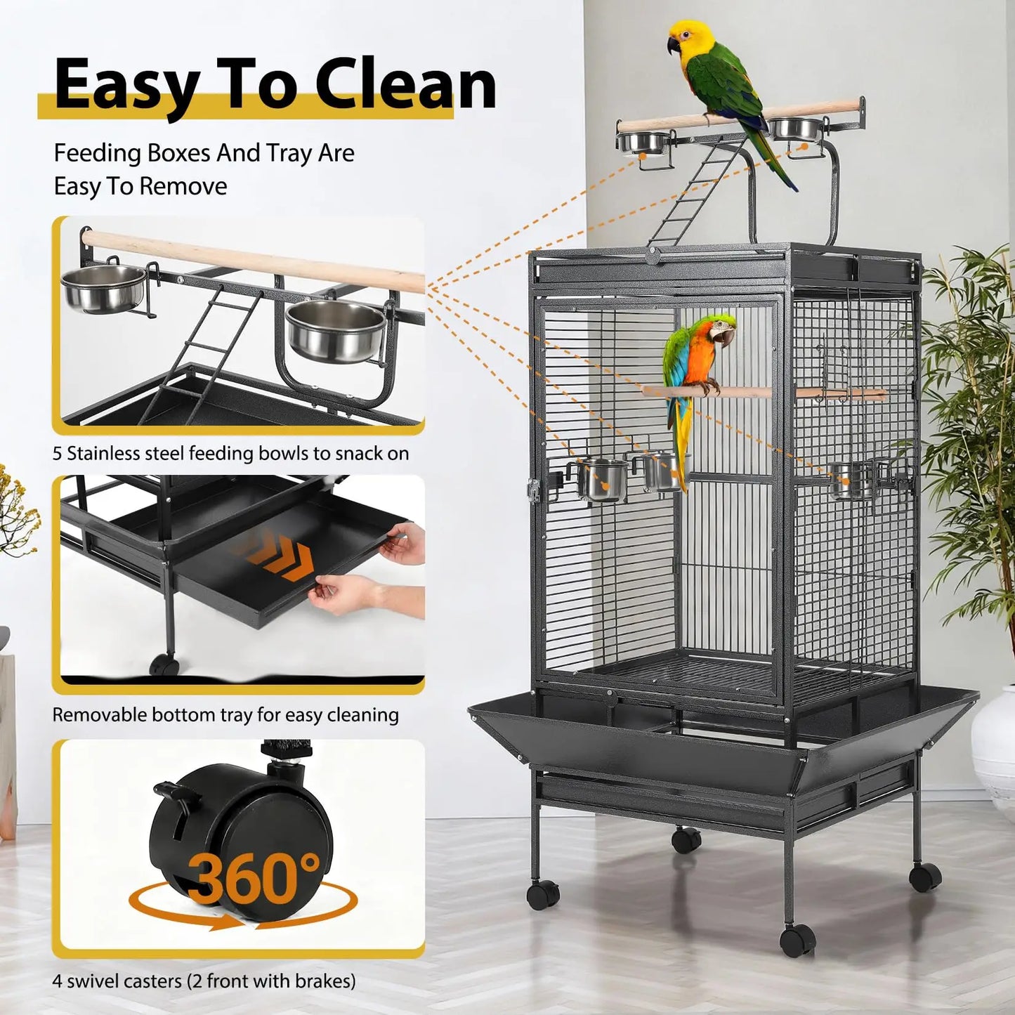 64.4" Tall Large Metal Bird Cage With Rolling Stand Play Top & Bowls Indoor Outdoor Aviary For Parrots Parakeets Conures